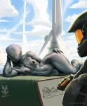  1girl alien anthro armor breasts claws cloud digitigrade doodle drawing halo_(series) hand_on_hip lying master_chief nude on_side orange_eyes pussy sangheili sweat video_games wide_hips zaggatar 