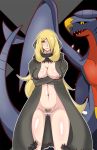 1girl ambiguous_gender areola arms_crossed bar_censor big_breasts black_background black_sclera blonde_hair blue_skin blush breasts censored cleavage coat creatures_(company) cynthia_(pokemon) dragon erect_nipples fangs game_freak garchomp grey_eyes hair_over_one_eye huge_breasts human humans_of_pokemon kasuga_ayumu_(artist) long_hair midriff naked_coat navel nintendo nipples no_bra no_panties nude open_mouth pokemon pokemon_(anime) pokemon_black_2_&amp;_white_2 pokemon_black_and_white pokemon_bw pokemon_bw2 pokemon_diamond_pearl_&amp;_platinum pokemon_dppt pubic_hair pussy scalie shirona_(pokemon) size_difference smile spikes tail very_long_hair wings yellow_eyes