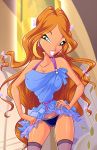1girl breasts clothed dress dress_lift female female_only flora flora_(winx_club) green_eyes panties winx_club zfive