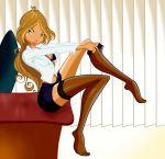 bra breasts clothed flora flora_(winx_club) green_eyes looking_at_viewer shirt sitting skirt stockings undressing winx_club zfive