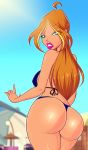 1girl ass bikini blue_bikini bra breasts eyebrows_visible_through_hair eyes_visible_through_hair female female_only flora flora_(winx_club) green_eyes looking_at_viewer looking_back mostly_nude non-nude outdoor outside panties solo standing winx_club zfive