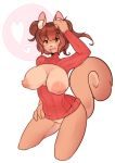 1girl 4_fingers anthro areola big_breasts bottomless breasts brown_hair clothed clothing exposed_breasts featureless_crotch furry hair hair_buns inverted_nipples keyhole_turtleneck kneel mammal nipples open_mouth raikissu rodent smile squirrel sweater yellow_eyes 