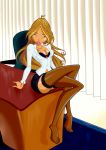 bra breasts clothed flora flora_(winx_club) green_eyes looking_at_viewer shirt sitting skirt stockings winx_club zfive