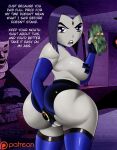 choker dat_ass dc_comics dialogue doompypomp grey_skin holding_butt looking_at_viewer money nipple_tape prostitution purple_eyes purple_hair rachel_roth raven_(dc) tagme teen_titans text