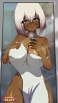  critical_bliss dark-skinned_female erkerut green_eyes huge_breasts kinky_fridays large_breasts madison_parker_(p.o.m.h.) pieces_of_my_heart screencap short_hair smile towel_only video_games white_hair 