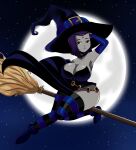 1girl arm_up big_breasts broom broom_riding cleavage dc_comics elbow_gloves full_moon goth grey_skin halloween hi_res high_res highres hourglass_figure moon night one_arm_up outside purple_eyes purple_hair raven_(dc) short_hair solo_female sonson-sensei striped_legwear teen_titans thick_thighs thin_waist wide_hips witch witch_hat