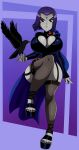  1girl big_breasts breasts cleavage dc_comics female_only grey_skin hourglass_figure huge_breasts namesake open_toe_shoes purple_hair raven_(bird) raven_(dc) sandals sonson-sensei stockings teen_titans thick_thighs toenail_polish wide_hips 