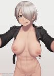  1girl :p angel_(kof) areola big_breasts black_jacket blue_eyes breasts closed_mouth clothing cropped_jacket female_full_frontal_nudity female_nudity grey_background hair_over_one_eye high_resolution inverted_nipples jacket king_of_fighters leather leather_jacket looking_at_viewer muscle muscular_female navel nipples open_clothes open_jacket patreon_logo patreon_username putcher short_hair simple_background tongue tongue_out vulva watermark web_address white_background white_hair 