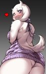  &lt;3 1girl 2017 anthro ass big_ass big_breasts blush boss_monster bottomless breasts caprine clothed clothing fluffy_tail fur furry goat high_res horn long_ears looking_at_viewer looking_back mammal milf nme parent purple_eyes rear_view simple_background standing toriel undertale video_games virgin_killer_sweater white_fur 