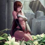  1girl abs absurd_res barefoot big_breasts breasts brown_eyes brown_hair cleavage clothed_female crop_top erect_nipples female_abs female_focus female_only final_fantasy final_fantasy_vii fingerless_gloves flower gloves high_res human kneel long_hair looking_at_viewer midriff miniskirt nipples_visible_through_clothing ruins shirt_lift short_shorts shorts skirt solo_female solo_focus stomach sunlight tagme tank_top tifa_lockhart under_boob video_game_character video_game_franchise xxnikichenxx 