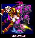 adepta_sororitas ahegao armor armored_boots armored_female armored_gloves blue_eyes blush blush bottomless chaos_space_marine mohawk_(hairstyle) open_mouth pubic_hair purple_skin red_eyes sex_from_behind short_hair skeenlangly skeenlangly_(artist) space_marine tentacle tongue tongue_out warhammer warhammer_(franchise) warhammer_40k white_hair