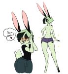  &lt;3 1girl absurd_res anthro black_hair black_shirt blush boy_shorts clothed clothing digital_drawing_(artwork) digital_media_(artwork) fully_clothed fur furry girly green_fur green_hair hair happy high_res lagomorph mammal midriff mitarashi multicolored_hair navel nipples open_mouth partially_clothed pose rabbit simple_background smile sparkle standing suri_(mitarashi) teeth tongue topless two_tone_hair underwear white_background wide_hips 