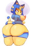  1girl 2017 animal_crossing ankha ankha_(animal_crossing) anthro areola ass big_ass big_breasts big_nipples blue_fur blue_hair breasts cat clothed clothing digital_media_(artwork) egyptian feline fur furry hair half-closed_eyes high_res huge_ass imago_ic looking_back mammal nintendo nipples noseless partially_clothed shorts simple_background thick_thighs tongue tongue_out video_games voluptuous wide_hips 