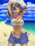  1boy 1girl armpits beach bikini black_hair blonde_hair bra breasts buried cleavage clothes_removed cloud cloudy_sky cutoffs dark_skin day dexio_(pokemon) glasses natto_soup navel ocean open_clothes open_fly open_shorts outdoors pants_removed pokemon pokemon_(game) pokemon_sm pokemon_xy shirt_lift short_hair shorts sina sina_(pokemon) sky swimsuit swimsuit_under_clothes tan underwear undressing white_bikini 