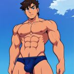 1boy abs ai_generated blue_eyes blue_swimsuit brown_hair bulge male male_nipples male_only muscle muscular muscular_male nipples swimsuit tan_skin topless topless_male
