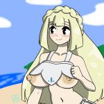  areola areola_slip beach big_breasts bikini blush breasts deviantart lillie lillie_(pokemon) pokemon pokemon_sm porkyman protoscene smile underboob white_bikini 