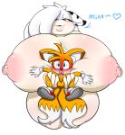  1girl 2017 anthro areola big_breasts blush bovine breasts canine cattle digitaldomain123 duo erect_nipples erection fox furry huge_breasts hyper hyper_breasts male mammal mekana miles_&quot;tails&quot;_prower nipples nude penis sega testicles 