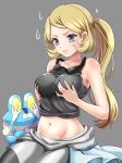  1girl bare_shoulders blonde_hair blue_eyes blush bodysuit breast_grab breasts clothes_around_waist covering_eyes froakie grabbing green_eyes highres large_breasts lips midriff mokorei navel no_bra no_panties pink_lips pokemon pokemon_special ponytail resized serena_(pokemon) solo stomach sweatdrop tank_top upscaled 