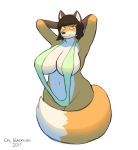  1girl 1girl 2017 amber_eyes anthro armpits big_breasts bikini breasts brown_fur brown_hair canine clothing corporalbackrubs digital_media_(artwork) dipstick_tail fox fur furry gloves_(marking) hair hands_behind_head high_res huge_breasts long_hair looking_at_viewer mammal markings multicolored_fur multicolored_tail navel orange_fur simple_background slightly_chubby sling_bikini smile swimsuit thick_thighs voluptuous white_background white_fur wide_hips 