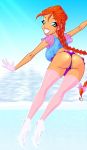 1girl ass bent_over bloom blue_eyes braid clothed female_only gloves ice_skating looking_back panties red_hair skating skirt skirt_lift winx_club zfive