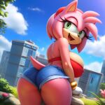  1girl ai_generated amy_rose ass bandeau big_breasts cityscape denim_shorts from_behind furry furry_female green_eyes huge_breasts large_ass looking_back naughty_face pink_fur pink_hair sega sega short_shorts shorts sonic_the_hedgehog_(series) stable_diffusion tubetop 