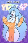  1girl 2016 abstract_background anthro apron big_breasts blue_fur blue_hair breasts canine checkered checkered_background cleavage clothed clothing dakkpasserida eyebrows fluffy_hair fur furry hair long_hair mammal naked_apron open_mouth oven_mitts pattern_background rainbow_pattern simple_background text wide_hips wolf 