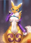  1girl 1girl 2017 ? anthro areola bottomless breasts bridal_gauntlets claws clothed clothing clothing_lift digimon dipstick_tail doomthewolf facial_markings fur furry markings multicolored_tail navel neck_tuft nipples patreon pussy renamon shirt shirt_lift tattoo tuft yellow_fur 