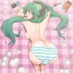  ass big_ass blanket breasts hatsune_miku looking_at_viewer looking_back miku_hatsune on_floor on_ground panties pocky sideboob topless vocaloid 