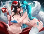  1girl 2_girls ahri animal_ears aqua_hair areola ass ass_grab bare_shoulders belly big_breasts black_hair blue_eyes blue_hair blush breasts brown_eyes christmas christmas_outfit cup facial_mark female_only fox_tail hat hips kissing kitsune kitsunemimi league_of_legends legs long_hair multiple_girls multiple_tails navel nekomimi ninetails_youkai ninetails_youkaisona_buvelle nipples nude pussy sakimichan santa_hat sideboob slit_pupils sona sona_(league_of_legends) sona_buvelle spread_legs stockings stockings tail thighs tied_hair tongue tongue_out topless twin_tails uncensored very_long_hair whisker_markings yuri 