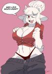  1girl 1girl alternate_species anthro big_breasts bovid breasts caprine clothed clothing fur furrification goat goat_lucifer_(helltaker) helltaker high_res lucifer_(helltaker) mammal panties pants_down partially_clothed shirt toonarscontent topwear underwear white_body white_fur wide_hips 