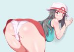  against_wall ass bent_over big_ass big_breasts blue_(pokemon) blush breasts embarrassed hat leaf_(pokemon) looking_at_viewer looking_back medium_breasts panties pokemon pokemon_(game) pokemon_frlg skirt wavy_mouth white_panties 