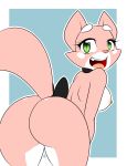  1girl 1girl 2016 abstract_background anthro ass big_ass breasts cat feline fur furry green_eyes happy high_res kloudmutt looking_at_viewer looking_back mammal nipples nude open_mouth pink_fur pink_tail shima_luan simple_background slit_pupils smile super_planet_dolan tongue 