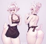 1girl 2020 anthro apron apron_only ass bovid breasts caprine clothing digital_media_(artwork) front_view goat goat_lucifer_(helltaker) hair hair_bun helltaker high_res horn iwbitu iwbitu-sa looking_back lucifer_(helltaker) mammal mole_(marking) mostly_nude naked_apron open_mouth rear_view shaded short_hair simple_background standing text text_on_apron text_on_clothing