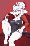  1girl 1girl 2020 absurd_res alcohol alternate_species anthro apron beverage big_breasts bovid breasts cameltoe caprine clothing demon digital_media_(artwork) fur furniture furrification goat goat_lucifer_(helltaker) hair helltaker high_res holding_object horn looking_at_viewer lucifer_(helltaker) mammal red_clothing red_eyes red_shirt red_topwear shirt sitting smile sofa text text_on_apron text_on_clothing topwear video_games white_body white_fur white_hair wine wine_bottle wine_glass ziffir 