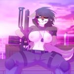  1girl 1girl anthro breasts canine chococosalo earpiece flamethrower fox furry jewelry mammal necklace nipples ranged_weapon sitting smile spread_legs spreading thick_thighs weapon 