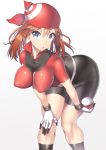  1girl :o absurdres ass bad_anatomy bandanna bent_over bike_shorts blue_eyes breasts brown_hair erect_nipples haruka_(pokemon) highres impossible_clothes leaning_forward looking_at_viewer may medium_breasts nagase_haruhito parted_lips plump poke_ball pokemon pokemon_(game) pokemon_rse puffy_nipples simple_background skin_tight solo standing thick_thighs thighs white_background 