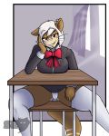  1girl 1girl 2017 anthro bedroom_eyes big_breasts black_topwear border bow_tie breasts brown_body brown_fur brown_tail cameltoe chair clothed clothing curtains desk digital_media_(artwork) front_view fully_clothed fur furry hair half-closed_eyes high_res legwear looking_at_viewer mammal markings multicolored_body mustelid otter outside_border panties pelao0o red_eyes school_uniform seductive shirt sitting smile spread_legs spreading stockings stockings tail_markings tan_body underwear uniform upskirt watermark whiskers white_border white_bottomwear white_hair white_legwear window 