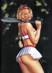  1_girl 1girl anna_kournikova ass blonde_hair braid clothed female female_only looking_at_viewer looking_back non-nude short_skirt skirt solo standing tennis_racket upskirt 