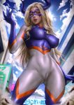 1girl ass_visible_through_thighs big_breasts blonde_hair bodysuit boku_no_hero_academia cameltoe day erect_nipples_under_clothes female_only horns large_filesize logan_cure long_hair looking_at_viewer mount_lady no_bra no_panties non-nude open_mouth outside red_eyes seductive_look sky studio_bones sunlight very_high_resolution