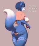  1girl 1girl 2020 anthro ass big_ass big_breasts blue_body blue_fur blue_hair breasts canid canine clothed clothing english_text fox fur furry green_eyes hair handpaw high_res krystal looking_at_viewer mammal multicolored_body multicolored_fur multicolored_tail nintendo paws seductive simple_background star_fox text thong underwear venjiiart video_games white_body white_fur 