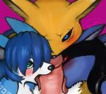  1girl 2016 accessory anthro anthro_penetrated black_body black_fur blue_body blue_eyes blue_fur blue_hair blush canid canine collaborative_fellatio color_edit colored crossover digimon digimon_(species) digiphilia erection fellatio female_penetrated first_person_view foursome fox fur furry genitals green_eyes group group_sex hair headband humanoid_genitalia humanoid_penis interspecies kewon krystal licking looking_at_viewer lucario male male/female male_on_anthro male_penetrating male_penetrating_anthro male_penetrating_female male_pov mammal multicolored_body multicolored_fur nintendo oral penetration penile penis penis_lick pok&eacute;mon pok&eacute;mon_(species) pok&eacute;philia red_eyes renamon retracted_foreskin sex signature star_fox text tongue tongue_out uncut video_games white_body white_fur yellow_body yellow_fur 