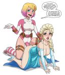  2girls breasts_out crossover disney elsa frozen_(movie) gwen_poole gwenpool hahaboobies hanging_breasts marvel speech_bubble strap-on tumblr yuri 