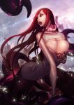  1girl big_breasts breasts cleavage cleavage_cutout dutomaster eye_scar facial_scar katarina league_of_legends long_hair open_mouth red_hair scar sweater turtleneck 