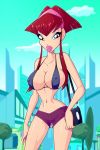 1girl belly big_breasts bikini bikini_top breasts cleavage cloud_tower_witch covered_nipples endora_(winx_club) erect_nipples eyeshadow female female_only hourglass_figure legs lips lipstick long_hair looking_at_viewer makeup mostly_nude navel nickelodeon nipple_bulge purse red_hair shorts solo_female swimsuit voluptuous winx_club zfive