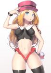1girl adapted_costume alluring black_thighhighs blonde_hair blue_eyes breasts cameltoe gluteal_fold hat highleg highleg_panties impossible_clothes impossible_shirt long_hair looking_at_viewer medium_breasts microskirt midriff nagase_haruhito navel poke_ball pokemon pokemon_(game) pokemon_xy serena_(pokemon) simple_background skin_tight skindentation skirt solo standing thighhighs thighs white_background