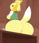  1girl animal_crossing anthro anus ass big_ass big_breasts blonde_hair bottomless breasts canine clothed clothing dog fur furry hair isabelle_(animal_crossing) kanel looking_back mammal nintendo nipples open_shirt presenting presenting_hindquarters puffy_anus pussy shirt sideboob video_games yellow_fur 