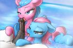  1boy 2_girls 2girls aloe aloe_(mlp) blue_eyes earth_pony erection eto_ya friendship_is_magic horsecock in_water licking_penis lotus lotus_(mlp) male/female my_little_pony nude oral penis pony tail threesome 