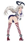  1girl ass cute high_heels kantai_collection long_hair looking_at_viewer looking_back open_mouth shimakaze_(kantai_collection) underwear white_hair 