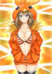  1girl alternate_costume artist_name bikini black_legwear blue_eyes blush breasts brown_hair cleavage closed_mouth collarbone commentary_request eyebrows_visible_through_hair hair_between_eyes hand_in_pocket haruka_(pokemon) highres large_breasts looking_at_viewer may navel pokemon smile solo striped striped_bikini swimsuit takecha thighhighs unzipped 