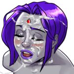  1girl alpha_channel blush closed_eyes cum cum_covered cum_on_face cum_on_hair cum_on_upper_body cum_string dc_comics female_only forehead_jewel grey_skin hardmodenrg implied_nudity open_mouth portrait purple_hair purple_lipstick raven_(dc) short_hair teen_titans transparent_background 